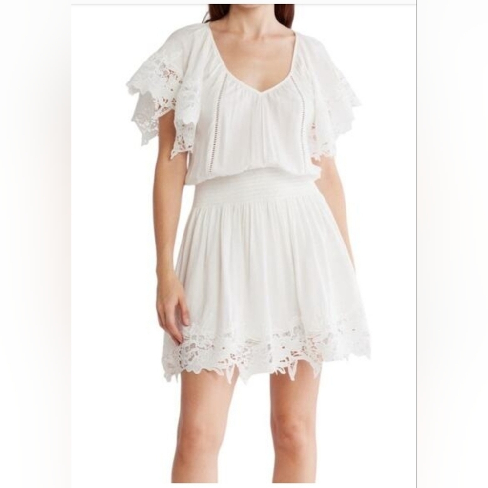 Ramy Brook White Lace-Trim Flutter Sleeve Mini Dress